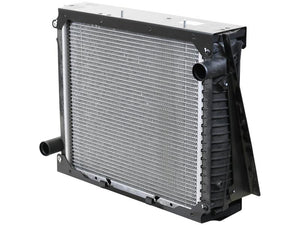 The Sparex Radiator (Part Number: S.156112) features a black frame and metallic cooling fins, combining metal and plastic construction. It is designed with two hose connections on the sides, and its Sparex Inlet design guarantees optimal thickness for durability and an efficient overall height to fit compact engine compartments.
