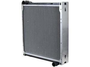 The Sparex automotive radiator (Sparex Part Number: S.156127) is a metal cooling system component equipped with two black hose connectors—an inlet located at the top and an outlet at the bottom—designed to cool engines effectively.