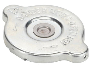 Metallic cap with 'DANGER NEVER OPEN' text on a white background