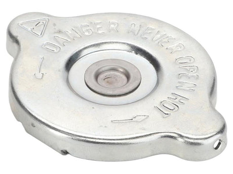 Metallic cap with 'DANGER NEVER OPEN' text on a white background