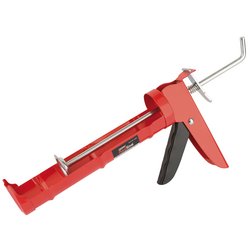 The Draper Redline Caulking Gun, 310Ml - RL-CG/B from Draper features a steel frame, a black handle, and a silver rod. It is designed for applying sealants and adhesives using standard cartridges.