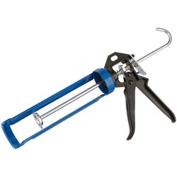 The Draper Caulking Gun, 310Ml - CG2/B, features a blue and black rotating steel frame and a metal trigger mechanism, providing a dependable 9:1 thrust ratio for efficient sealing tasks.