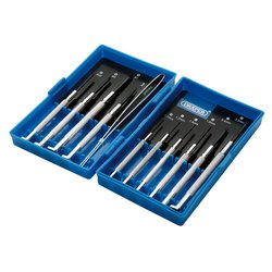 A blue plastic case from the Draper Precision Screwdriver Set (11 Piece) - PS1102/B is open, revealing a set of precision screwdrivers with white handles and carbon steel tips, neatly arranged in two rows.