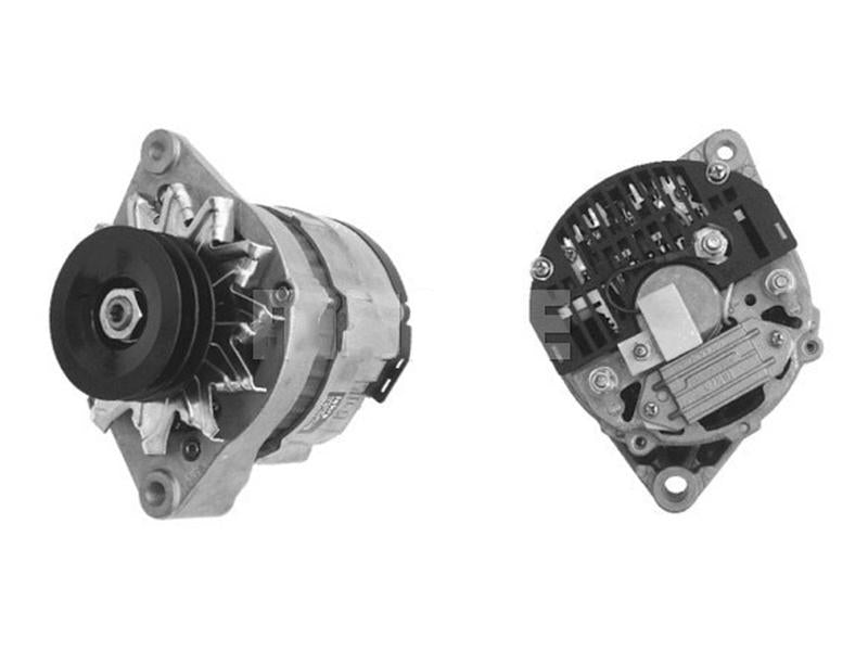 Two views of the **Alternator (Mahle) - 28V, 55 Amps | Sparex Part Number: S.156685**: one shows the front with a double groove pulley, the other shows the back with electrical connections.