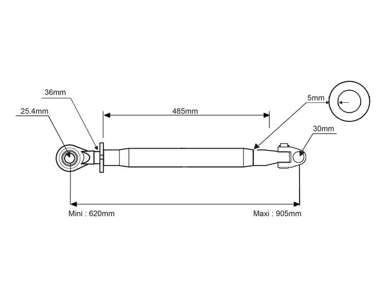 Sparex Top Link Heavy Duty (Cat.30mm/2 (Ø30/25mm)) Knuckle and Ball, M36 x 3.00, Min. Length: 620mm. | S.1591 - Product Image 2