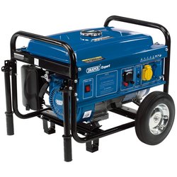 A Draper Expert petrol generator, model PG253W, featuring wheels and handles, available in blue and black, offering various controls and dual voltage output outlets on the side with a 2000W capacity.