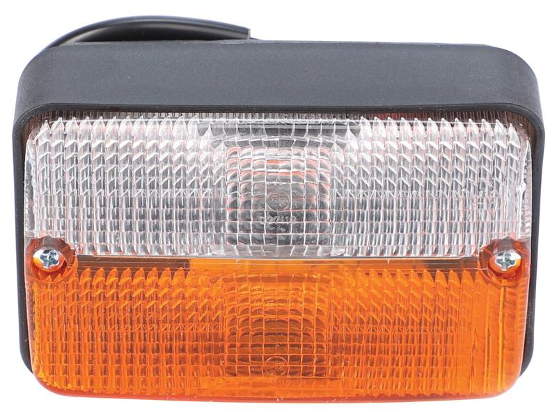 A rectangular vehicle signal light with a clear top half and an amber bottom half, encased in a black frame, featuring a Hella Bulb for enhanced visibility, known as the Sparex Front Combination Light (Halogen), 12V, RH & LH, Straight | Sparex Part Number: S.160705.