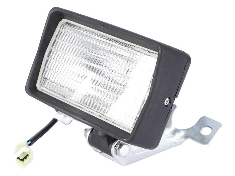 The Sparex Work Light (Halogen), Rectangular, RH, 12/24V (Sparex Part Number: S.160716) features a black casing, a metal mounting bracket, a clear lens, and halogen bulb. It comes with an attached wire connector at the back and is IP55-rated for durability in tough conditions, making it an ideal work light.