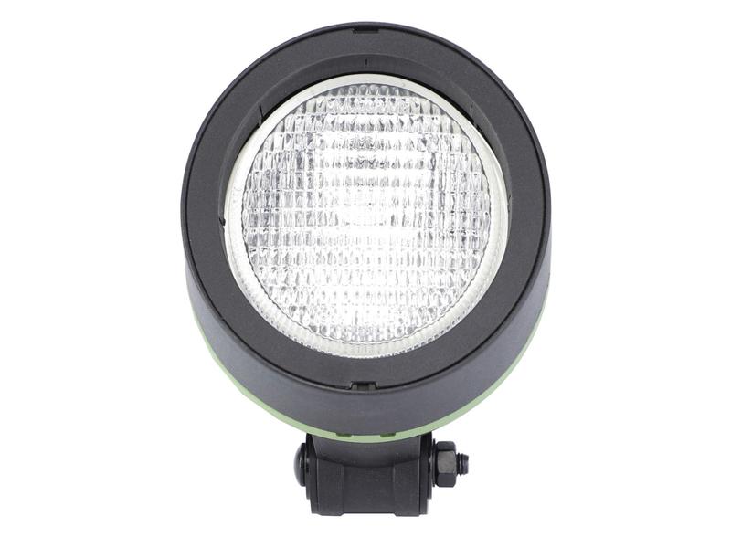 Front view of the round black and clear Sparex Work Light (Halogen) with a textured lens and mounting bracket, designed for durability with an IP5K4K rating, available under Sparex Part Number S.160731.