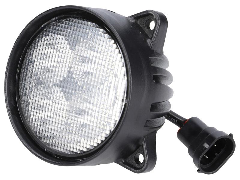 Close-up of the Sparex Work Light (Halogen), round, suitable for both right-hand and left-hand installation, featuring a clear lens in black housing with an attached Hella bulb and wiring connector (Sparex Part Number: S.160747).