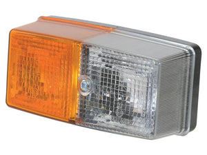 A rectangular vehicle light with an orange left section and a clear right section, separated by a small screw in the center—this Front Combination Light (Halogen), 12V, RH & LH from Sparex (Part Number: S.160753) is essential for visibility and safety.