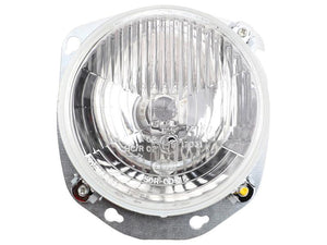 Close-up image of a round, clear Sparex Head Light (Filament), featuring an H4 bulb with a reflective surface and mounting bracket. Suitable for RH & LH use, LH Dip, 12V | Sparex Part Number: S.160756.