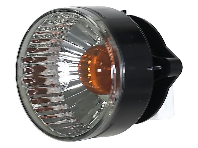 Close-up of the Sparex Indicator Light (Halogen), RH & LH, 12V—Sparex Part Number S.160757, featuring a round automotive headlight with a clear lens and an amber indicator light, all housed in a sleek black casing for optimal brightness.