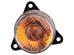 A round amber Front Combination Light, encased in a black triangular mounting bracket with three holes, featuring a Hella bulb by Sparex (Halogen), 12V, RH & LH, Straight | Sparex Part Number: S.160765.