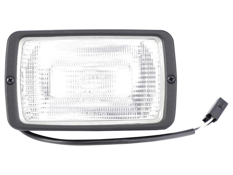 The Sparex Work Light (Halogen) is a rectangular, 12V vehicular headlight with a clear lens, black border, and two screws on each side along with an attached wire connector. It features a high-quality Hella bulb for optimal illumination. Refer to Sparex Part Number S.160775 for more details.