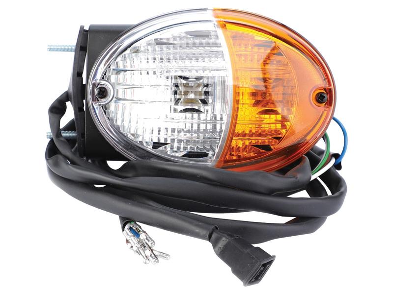 The Sparex Front Combination Light (Halogen), 12V, RH, Straight (Sparex Part Number: S.160782) features a clear and amber polycarbonate lens, attached to wiring with a black connector and designed for right-hand fitment.