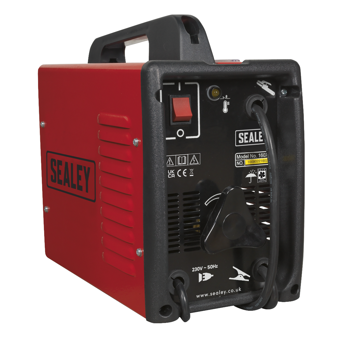 The Sealey Arc Welder 160A with Accessory Kit - 160XT is a red unit with black accents, featuring a handle on top. The front panel showcases visible welding controls, cables, and manufacturer details.