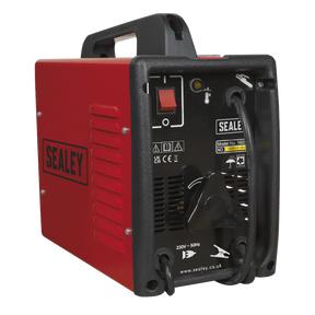 The Sealey Arc Welder 160A with Accessory Kit - 160XT is a red unit with black accents, featuring a handle on top. The front panel showcases visible welding controls, cables, and manufacturer details.