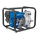 A blue and silver water pump encased in a black metal frame, labeled "Draper Expert," featuring a heavy-duty petrol engine, 750L/Min with 7Hp capacity - PWP82T.