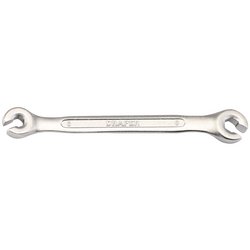 A Draper Flare Nut Spanner, 6 X 8mm - BAW-FN, crafted from chrome vanadium steel with one side slightly larger than the other, laid flat on a white background.