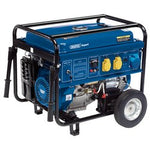 Introducing the Draper Expert Petrol Generator With Wheels, 6000W - PG68W by Draper, a blue portable generator featuring a heavy-duty steel tubular frame, various control switches, and two wheels for enhanced mobility. This open frame generator provides dual voltage output for versatile use in different scenarios.