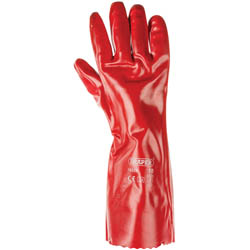 The Draper PVC Gauntlets, 400mm - PVCG40CM, are single red rubber gloves with a smooth finish and extended cuff. They are PVC dipped for enhanced durability and designed to provide chemical protection during parts cleaning jobs.