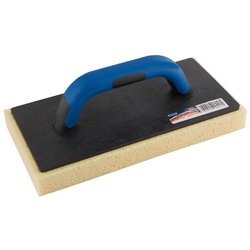 The Draper Sponge Face Float, 280 x 140mm - WFSG/A features a rectangular design with a rigid polyurethane blue handle and a 30mm deep yellow sponge surface, making it ideal for evenly spreading grout or other materials.