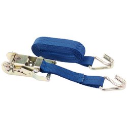 A Draper Heavy Duty Ratcheting Tie Down Strap, measuring 4 meters by 30mm and capable of supporting up to 400kg, with durable polyester webbing and steel hooks on both ends, featuring a robust ratchet mechanism.