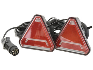 Two red triangular LED lighting sets from Sparex, featuring polycarbonate housing, attached black cables with a 7.5M length, and a 7-pin connector. These lights support up to six functions: brake, tail, indicator, fog, number plate illumination, and reflector.