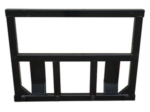 The Heavy Duty Big Square Bale Frame - Not Supplied With Tines, Sparex Part Number: S.162682, features a black metal frame with rectangular and triangular openings. Specifically designed as a heavy-duty attachment for construction or industrial machinery, this robust Sparex component is CE Approved to meet top-notch safety standards, ensuring durability and performance in demanding environments.