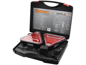 A Sparex Connix Plus Lighting Set - Wireless, Magnetic (S.162710) carrying case containing a set of automotive LED warning lights with dynamic lighting, including two triangular lights featuring red lenses and various accessories.