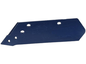 Close-up image of a dark blue 355mm Share - LH blade with multiple holes, designed for attachment to machinery or tools using Vulcan Fasteners, Sparex Part Number: S.162792.