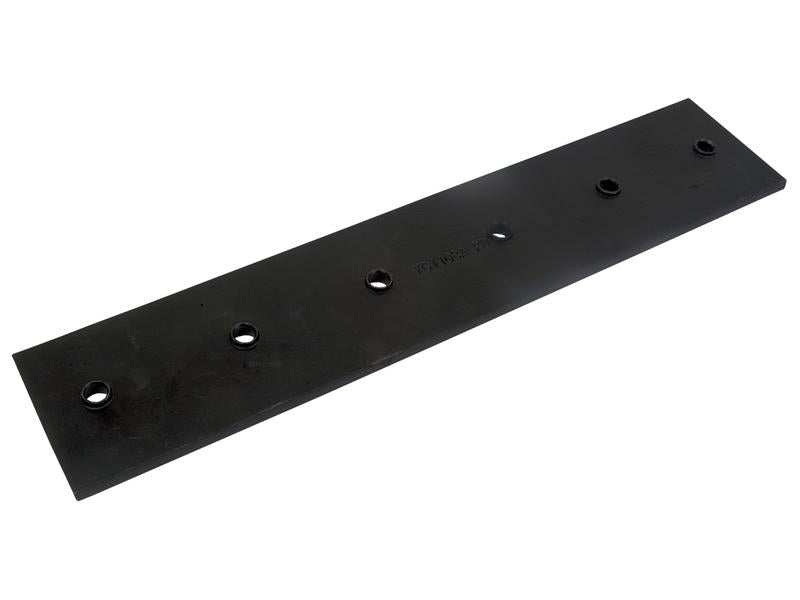 The Landside Long Reversible - RH & LH (Kuhn) from Sparex, OE reference 761108, is a flat, rectangular black metal bar featuring five evenly spaced holes drilled along its length and is commonly used in various applications by Vulcan Fasteners.