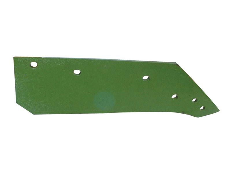 A green metal plate with several holes of various sizes and shapes, arranged in a row and used for machinery or equipment. Suitable as an alternative to 77464, this part is available through Sparex under the code S.162803 (Share - RH, 14'' (355mm), Kverneland).