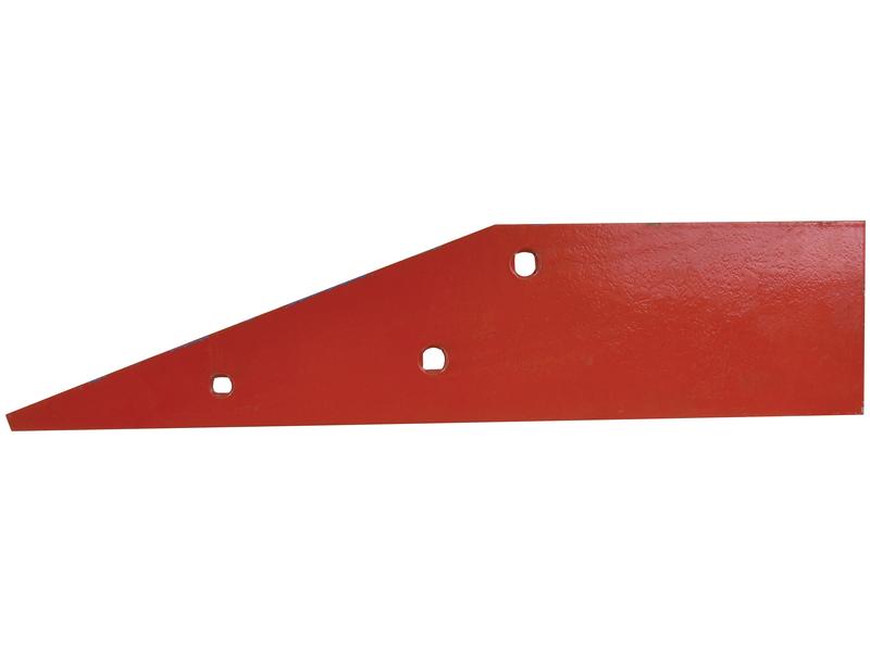 A red, flat, triangular metal sheet with three circular holes aligned in a row, identified as Sparex part number S.162808 and fitting as KK053683 by Vulcan Fasteners.