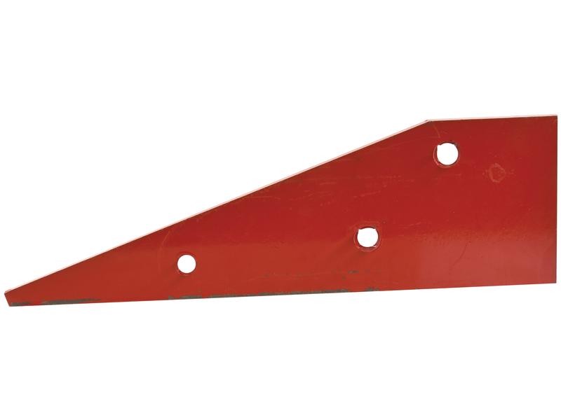 The "Landside Short - RH (Kverneland)" red metal agricultural tillage blade, compatible with KK053684 and secured using Vulcan Fasteners, features three diagonally aligned bolt holes and is supplied by Sparex under part number S.162809.