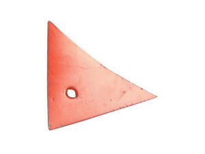 A red, triangular Shin - RH (Kverneland) piece of material with a rounded hole near one corner, ideal for RH Primary fasteners. Fits as: KK063240 | Sparex Part Number: S.162814 from the brand Sparex.