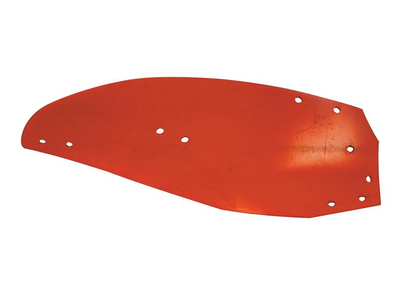 The Sparex Mouldboard - RH (Kverneland), designed to fit as KK063283 and known by its Sparex Part Number S.162816, is a red, curved metal plate with several holes and a slightly textured surface, often used as a component in machinery alongside Vulcan Fasteners.