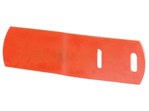 The Tail Press - LH (Kverneland) by Sparex (KK063388), with part number S.162821, is a flat, rectangular orange metal plate featuring two elongated slots on one end, commonly utilized in Vulcan Fasteners.