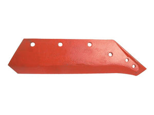 Share - RH, 18" (455mm) (Kverneland), angular and elongated red metal blade part featuring five circular holes along one edge and a smaller hole near the tip, compatible with Kverneland RH fitting. Secured using Vulcan Fasteners. Sparex Part Number: S.162841.