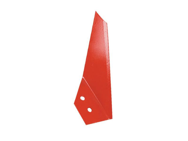 A red metal blade with two holes near the bottom edge, likely a part of a machine or tool, possibly utilized with Vulcan Fasteners, matches the description of a Sparex Sword Coulter - RH (Kverneland) designed to fit as KK073091 (Sparex Part Number: S.162843).