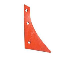 A red metal agricultural blade attachment, specifically the Shin - RH (Kverneland) with three mounting holes, used for farming equipment and matching OE Reference KK073256. Available as Sparex Part Number S.162849.