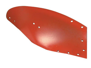 The Sparex Mouldboard - RH, 14'' - 18'' (Kverneland) To fit as: KK073290, is a curved, red metal agricultural plowshare that features multiple holes along the edges for mounting with Vulcan Fasteners.