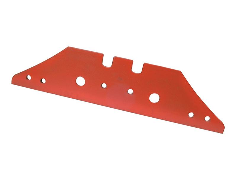 Image of a flat, red metal bracket with multiple holes and two notches along the top edge, designed as an RH & LH fitting compatible with Primary OE Reference standards. Named Landside Long - RH & LH (Kverneland) to fit as KK073609 | Sparex Part Number: S.162858, attachments are secured by Vulcan Fasteners to ensure durability.