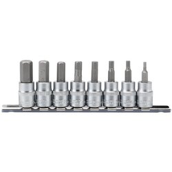 The Draper Metric Hex. Socket Bit Set, 3/8" Sq. Dr., 48mm (8 Piece) - D-HEX/8/55 includes eight hex socket bits of varying sizes, all crafted from hardened chrome vanadium steel, and conveniently arranged in a metal holder with a knurled ring for easy grip.