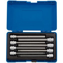 The Draper Hexagonal Socket Bit Set, 3/8" Sq. Dr. (8 Piece), model D-HEX/8/150, features a blue plastic case housing seven metal extension bars of varying lengths made from chrome vanadium steel, each securely placed in designated slots within black foam padding.