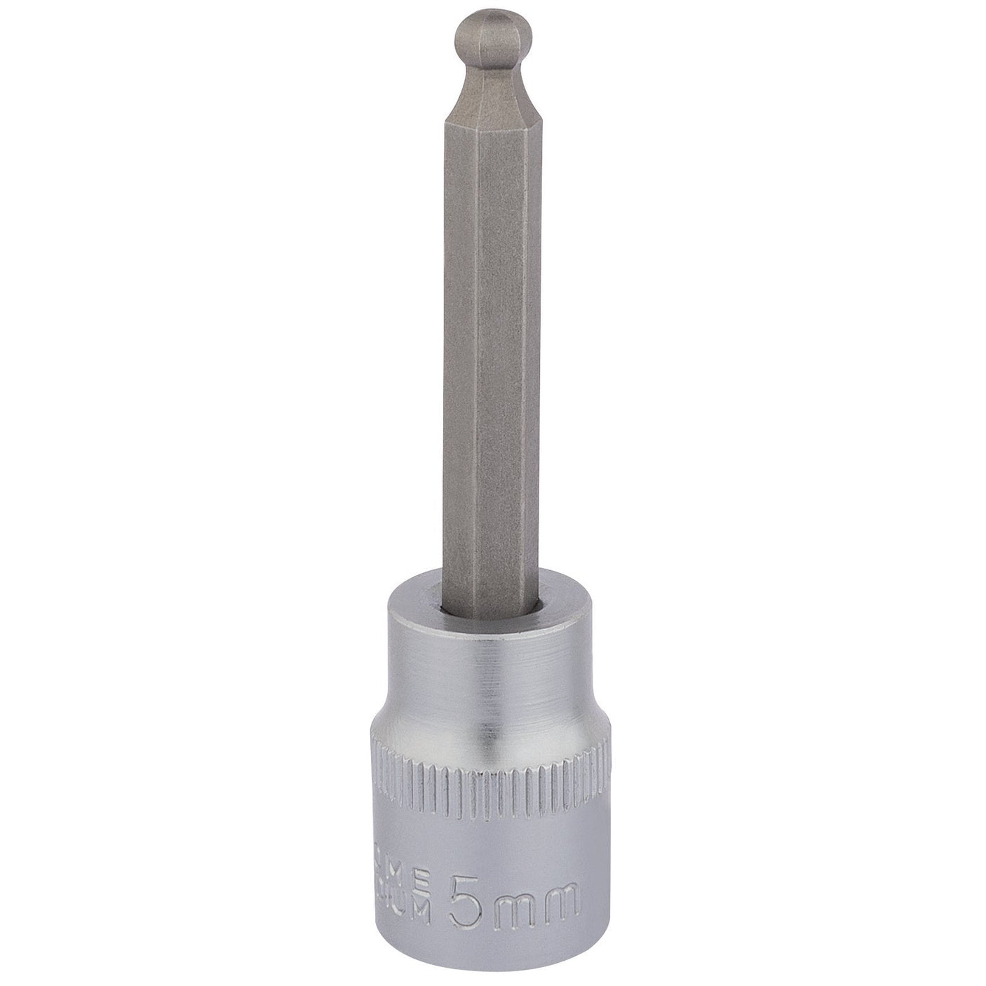 The Draper Ball End Hexagonal Socket Bit, 3/8" Sq. Dr., 5mm - D-HEX-BALL/B, boasts a metallic finish and is crafted from durable chrome vanadium steel, making it perfect for use with hex screws.