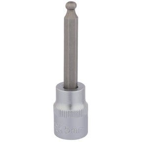 The Draper Ball End Hexagonal Socket Bit, 3/8" Sq. Dr., 5mm - D-HEX-BALL/B, boasts a metallic finish and is crafted from durable chrome vanadium steel, making it perfect for use with hex screws.