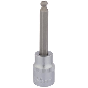 The Draper Ball End Hexagonal Socket Bit, 3/8" Sq. Dr., 5mm - D-HEX-BALL/B, boasts a metallic finish and is crafted from durable chrome vanadium steel, making it perfect for use with hex screws.