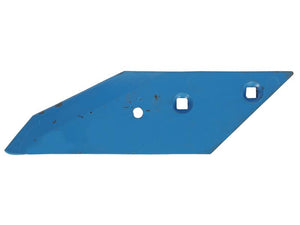 The Sparex Plough Point - RH (15mm thick), designed for Lemken models and identified by part number S.162897, is a blue metal blade with three holes—two square and one round—fitted with Vulcan Fasteners, used as a replaceable part for farming tools.